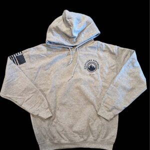 Front of a light grey hoodie with blue northern republic logo front